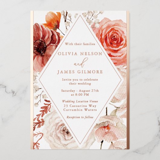 Orange Fall Floral & Rose Folieneinladung (Vorderseite)