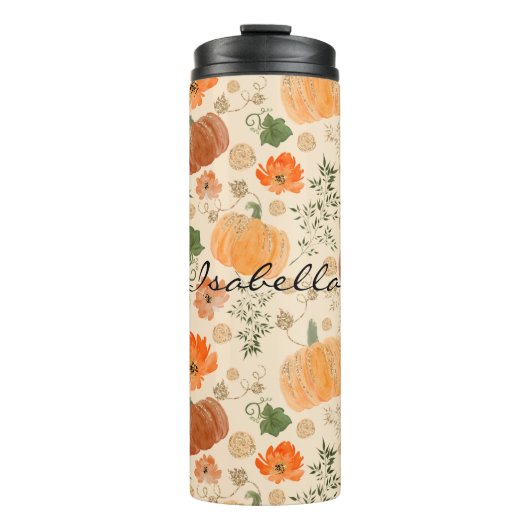 Orange Fall Imitats Glitzer Pumpkins Name Thermosbecher (Vorderseite)