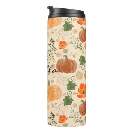 Orange Fall Imitats Glitzer Pumpkins Name Thermosbecher (Nach rechts gedreht)