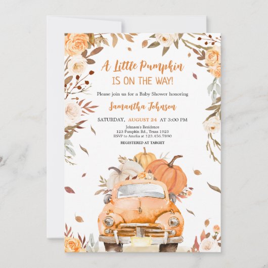 Orange Fall Pumpkin Truck Baby Dusche Einladung (Vorderseite)