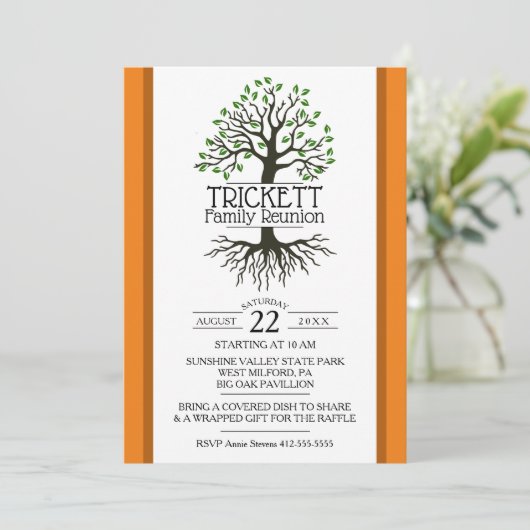 Orange Family Tree Wiedersehen Einladung (Stehend Vorderseite)