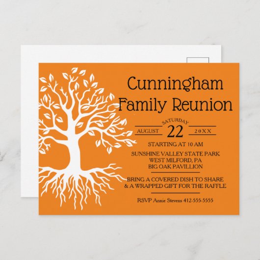 Orange Family Wiedersehen Family Tree Silhouette Einladungspostkarte (Vorne/Hinten)