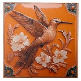 Orange faux relief Art Nouveau Hummingbird R Fliese