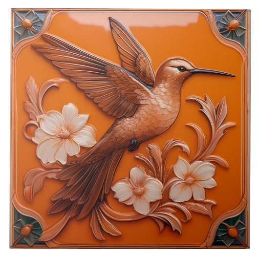 Orange faux relief Art Nouveau Hummingbird R Fliese (Vorderseite)