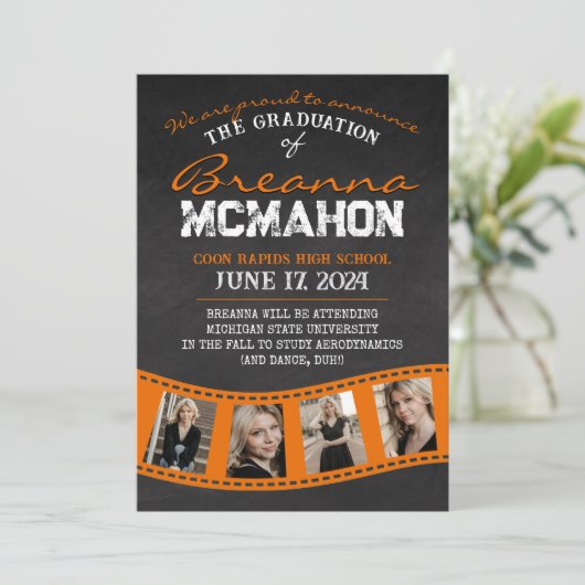 Orange Filmstrip Chalkboard Grad Bekanntgabe Einladung (Stehend Vorderseite)