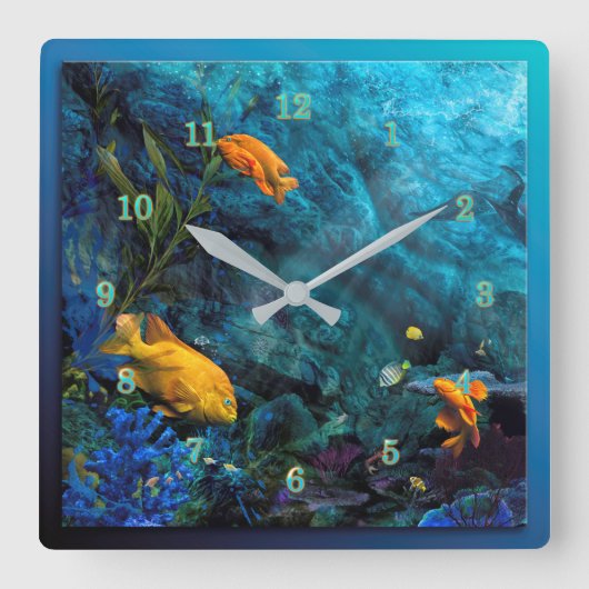 ORANGE FISH BLAUE OCEAN QUADRATISCHE WANDUHR (Vorderseite)