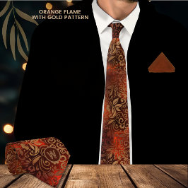 Orange Flame Necktie mit goldenem Blumenmuster Krawatte