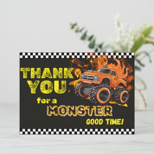 Orange Flames Monster Truck Vielen Dank Hinweis Dankeskarte (Stehend Vorderseite)