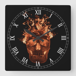 Orange Flaming Skull Square römische Zahlen Uhr