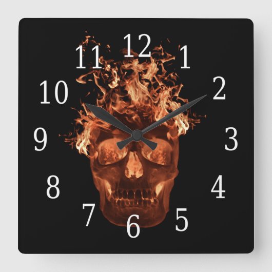 Orange Flaming Skull Square Uhr (Vorderseite)