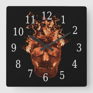 Orange Flaming Skull Square Uhr