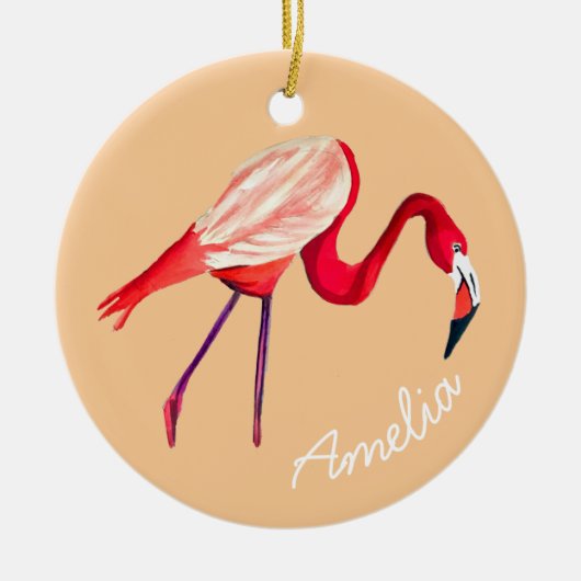 Orange Flamingo Aquarellvogel Kunst Keramik Ornament (Vorne)
