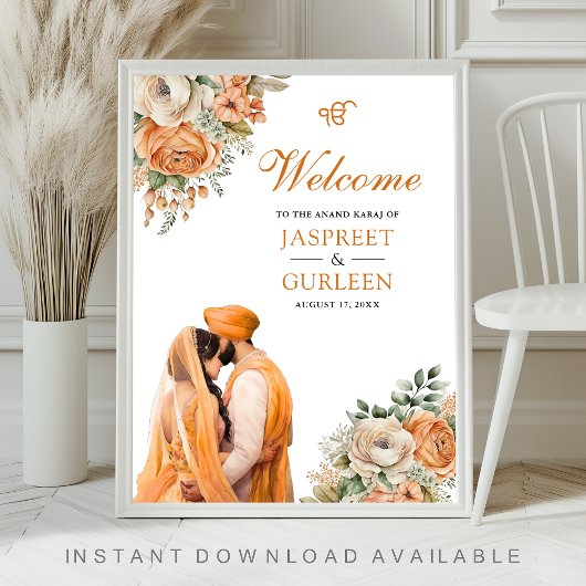 Orange Floral Anand Karaj Wedding Welcome Sign Poster