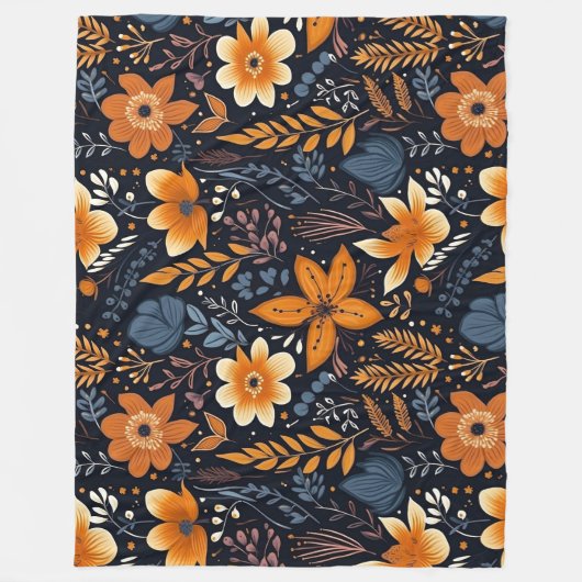 Orange Floral Boho Herbst Schwarz Fleecedecke (Vorderseite)