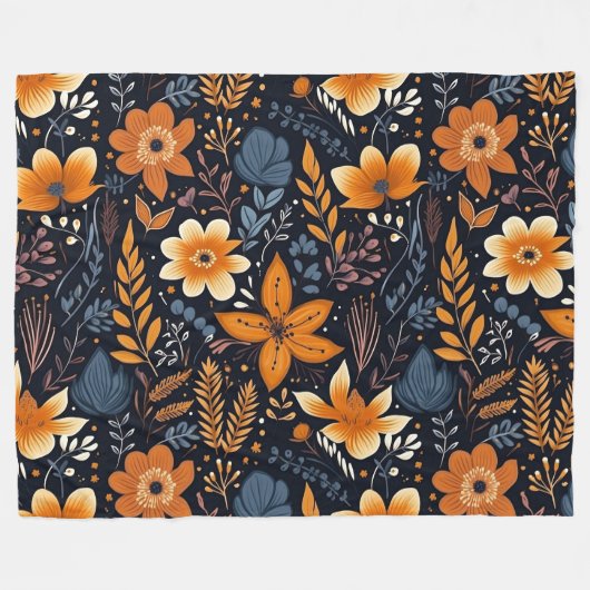 Orange Floral Boho Herbst Schwarz Fleecedecke (Vorderseite (Horizontal))