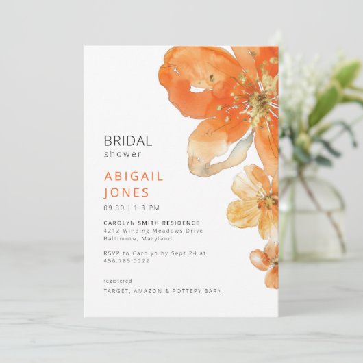 Orange Floral Brautparty Einladung (Stehend Vorderseite)