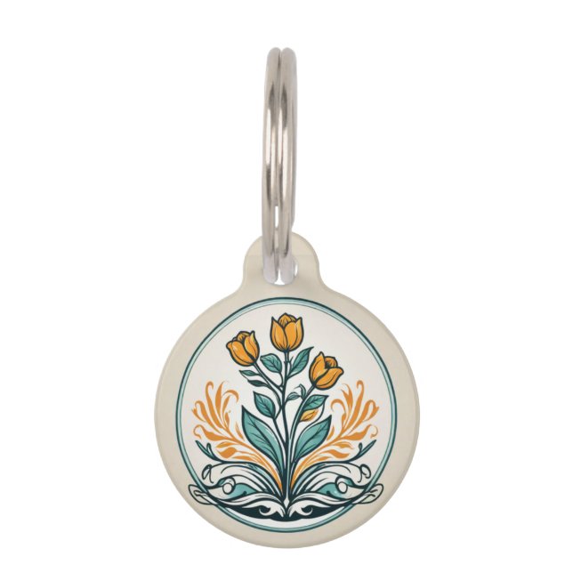 Orange Floral Button Haustiermarke (Vorderseite)