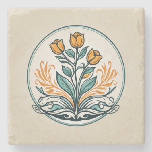 Orange Floral Button Steinuntersetzer (Vorderseite)