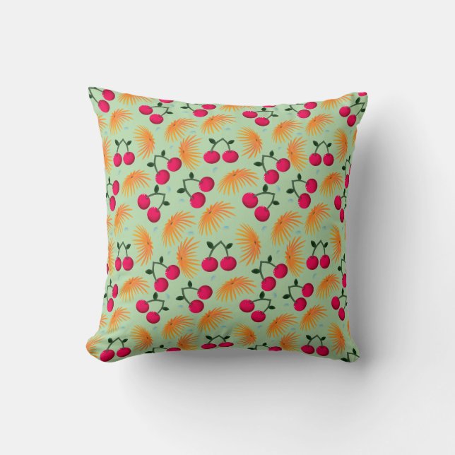 Orange Floral Cherry Pattern | Cute Girly Fruit   Kissen (Vorderseite)