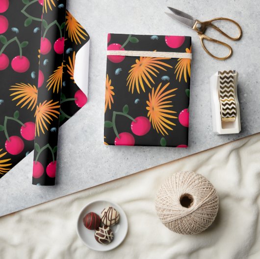 Orange Floral Cherry Pattern Geschenkpapier (Kunsthandwerk)