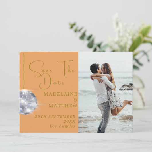 Orange Floral Disco Save the Date Hochzeit (Stehend Vorderseite)
