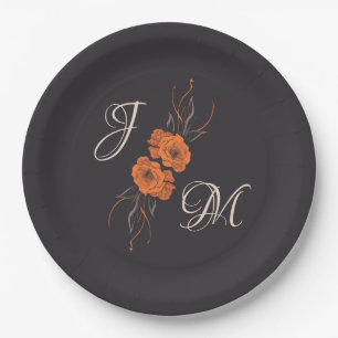 Orange Floral Elegant Minimal Monogram Wedding Pappteller