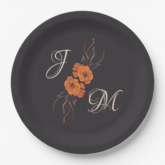 Orange Floral Elegant Minimal Monogram Wedding Pappteller (Vorderseite)