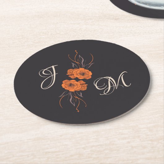 Orange Floral Elegant Minimal Monogram Wedding Runder Pappuntersetzer (Angewinkelt)