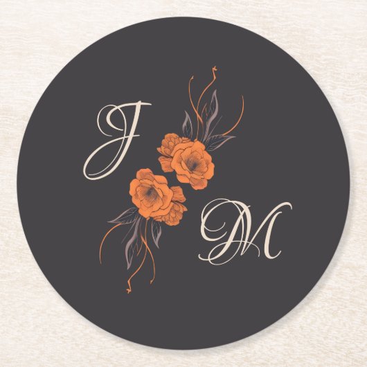 Orange Floral Elegant Minimal Monogram Wedding Runder Pappuntersetzer (Vorderseite)