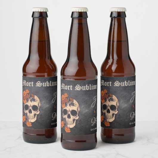 Orange Floral Elegant Skull Monogram Wedbier Bierflaschenetikett (Flaschen)