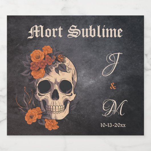 Orange Floral Elegant Skull Monogram Wedbier Bierflaschenetikett (Einzelnes Label)