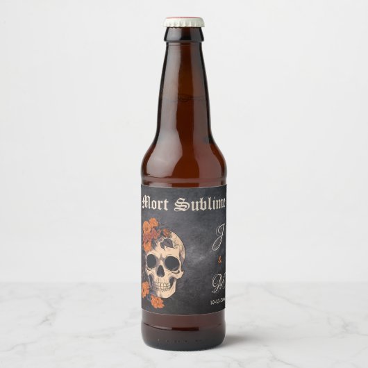 Orange Floral Elegant Skull Monogram Wedbier Bierflaschenetikett (Vorderseite)