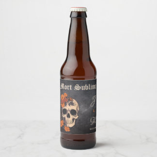 Orange Floral Elegant Skull Monogram Wedbier Bierflaschenetikett