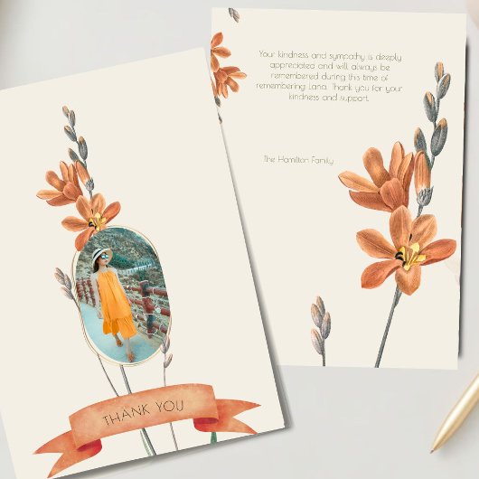 Orange Floral Foto Beerdigung Beileid Vielen Dank Einladung