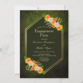 Orange Floral Gold Border Green Engagement Party Einladung (Vorderseite)