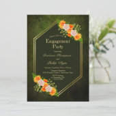 Orange Floral Gold Border Green Engagement Party Einladung (Stehend Vorderseite)