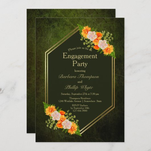 Orange Floral Gold Border Green Engagement Party Einladung (Vorne/Hinten)