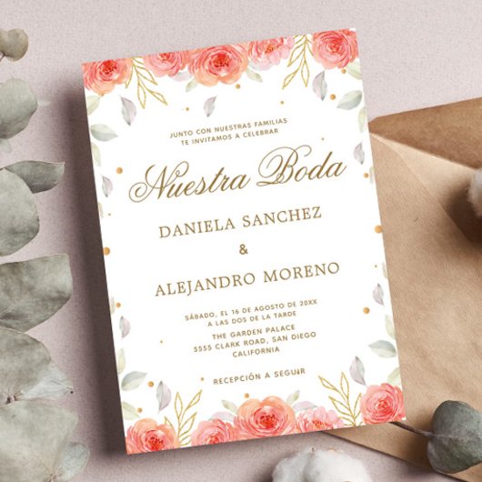 Orange Floral Gold Nuestra Boda Spanish Wedding Einladung
