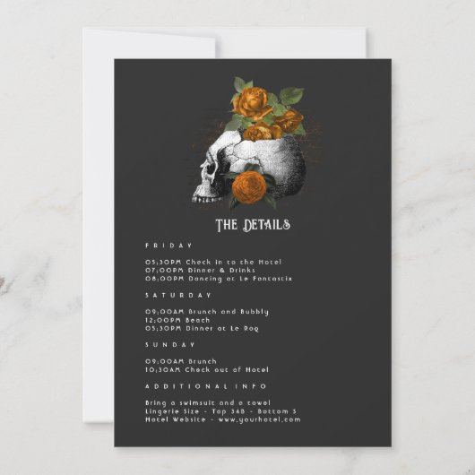 Orange Floral Gothic Bachelorette Weekend Einladung (Rückseite)