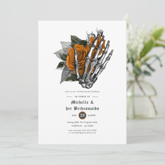 Orange Floral Gothic Skulls Bridesmaids Luncheon Einladung (Stehend Vorderseite)