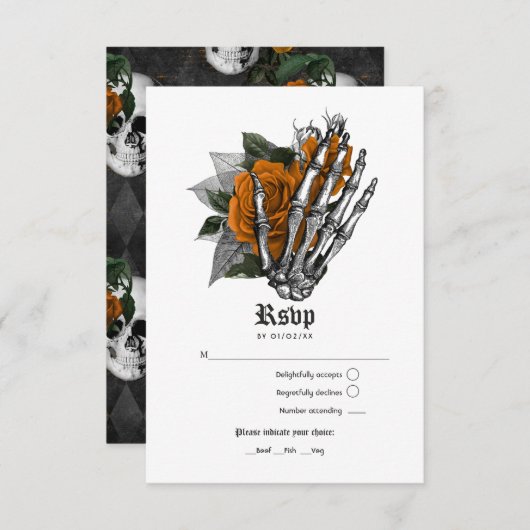 Orange Floral Gothic Wedding RSVP Karte (Vorne/Hinten)
