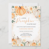 Orange Floral Greenery Little Pumpkin Baby Shower Einladung (Vorderseite)