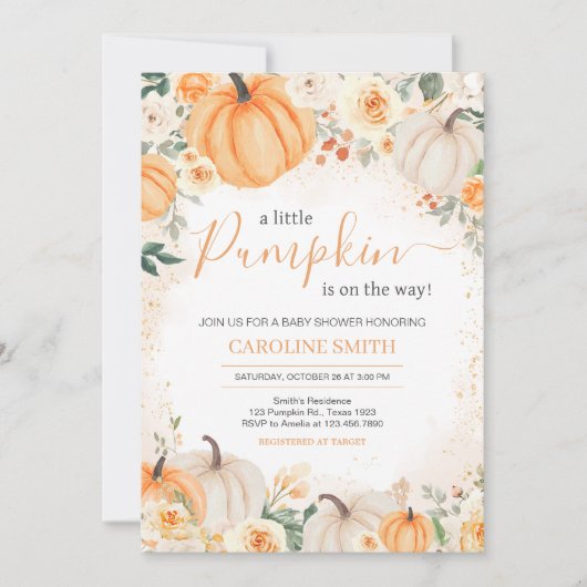 Orange Floral Greenery Little Pumpkin Baby Shower Einladung (Vorderseite)