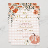 Orange Floral Little Pumpkin Gingham Baby Shower Einladung (Vorne/Hinten)