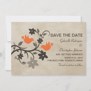 Orange Floral Lovebirds Save the Date einladen