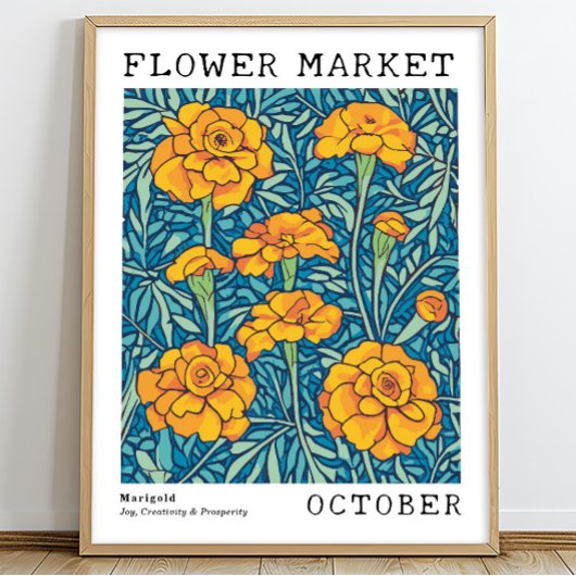 Orange Floral Marigold Oktober Birth Blume Market Poster