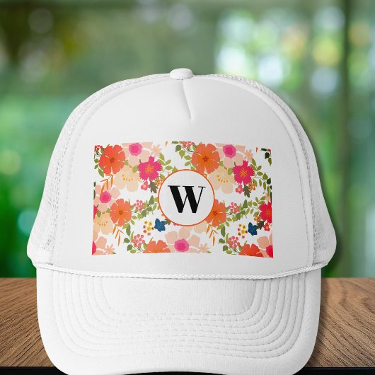 Orange Floral Monogram Trucker Hat Truckerkappe