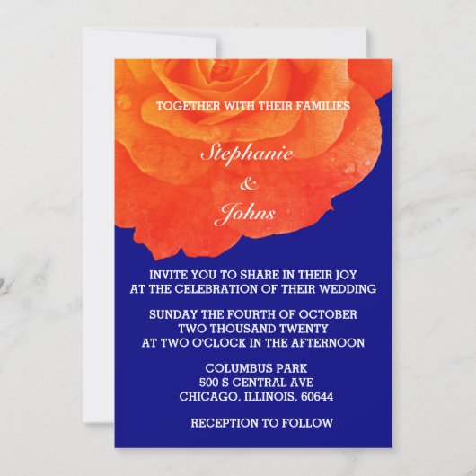 Orange Floral Navy Blue Rose Blume Hochzeit Einladung (Vorderseite)
