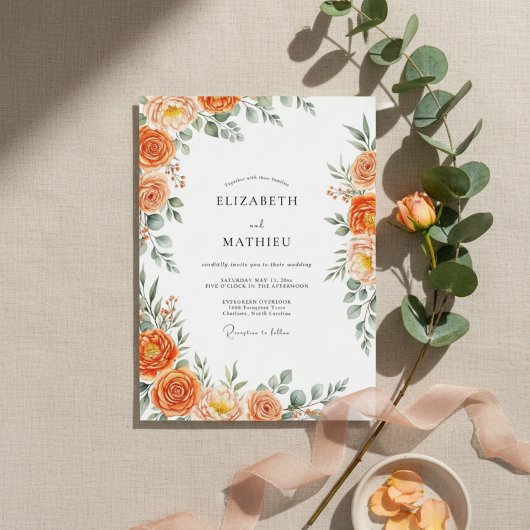 Orange Floral Painterly Flourish Wedding Einladung