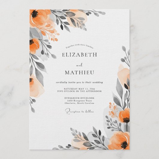 Orange Floral Painterly Wedding Einladung (Vorderseite)
